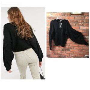 Olivia Warren NEW Balloon Sleeve Boxy Black Sweater Crew Puff Crop Stretch Top M